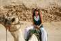 Turista sentada camelo no deserto ao lado de pirâmide